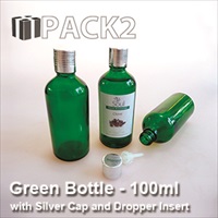100ml Green Bottle with Silver Cap and Dropper Insert - 10Pcs